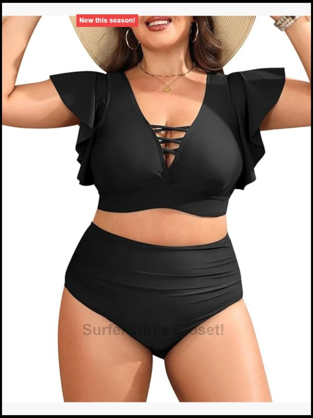 Plus Size High Waisted Bikini Set with Ruffle Sleeves Tummy Control Swimwear